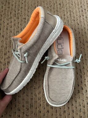 Hey Dude Beige Canvas Kids Slip-On Loafers with Orange Lining